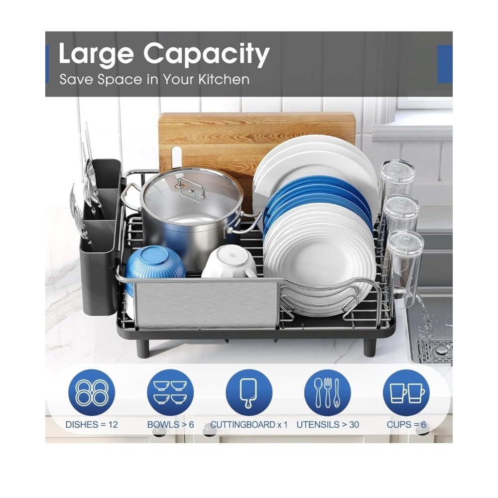 Dish Drying Rack w/ Drainboard Set, Utensil Holder, Cutting Board Holder